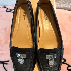 Michael Kors Black Leather Loafers with Silver Accents